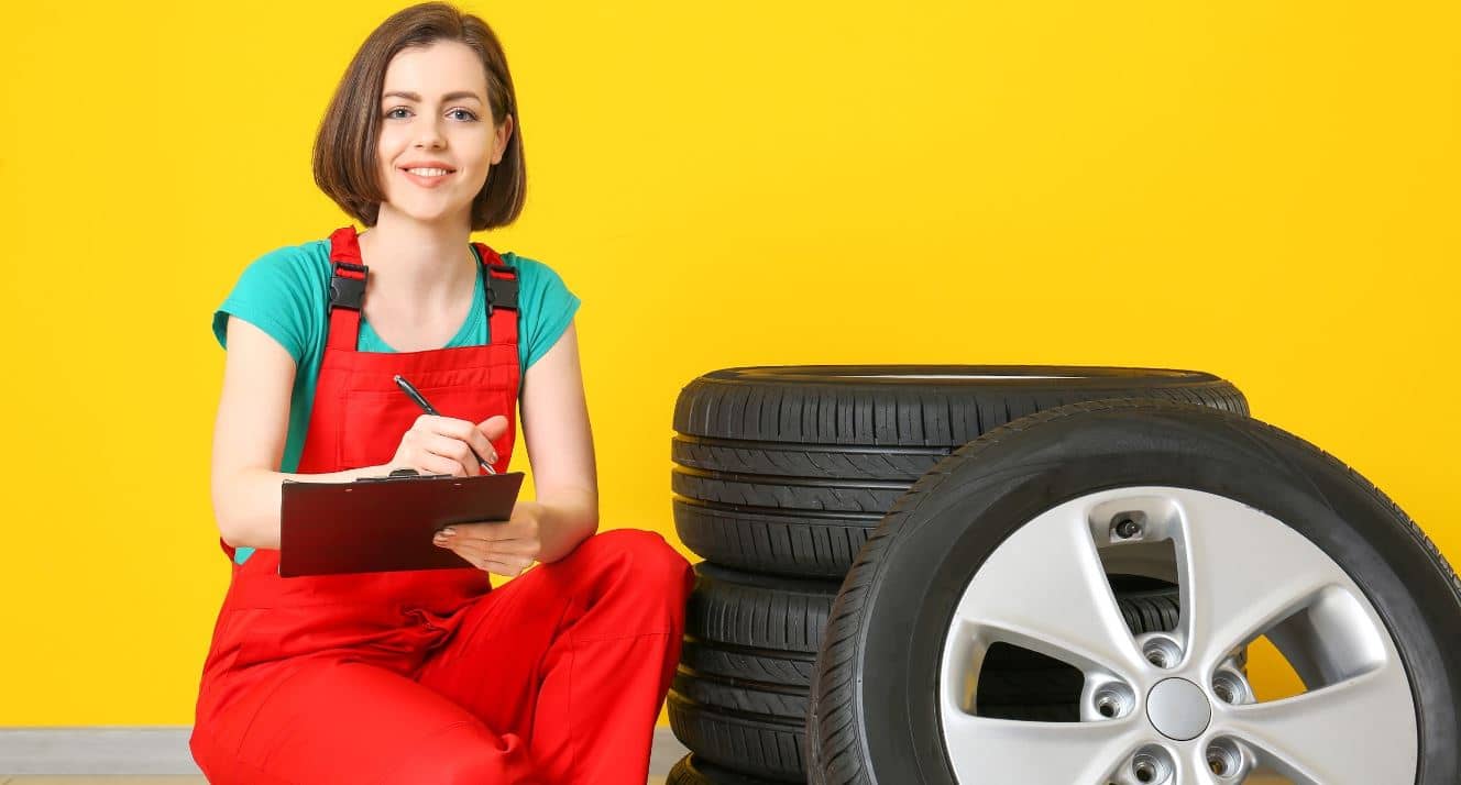 A girl evaluating value of the tires